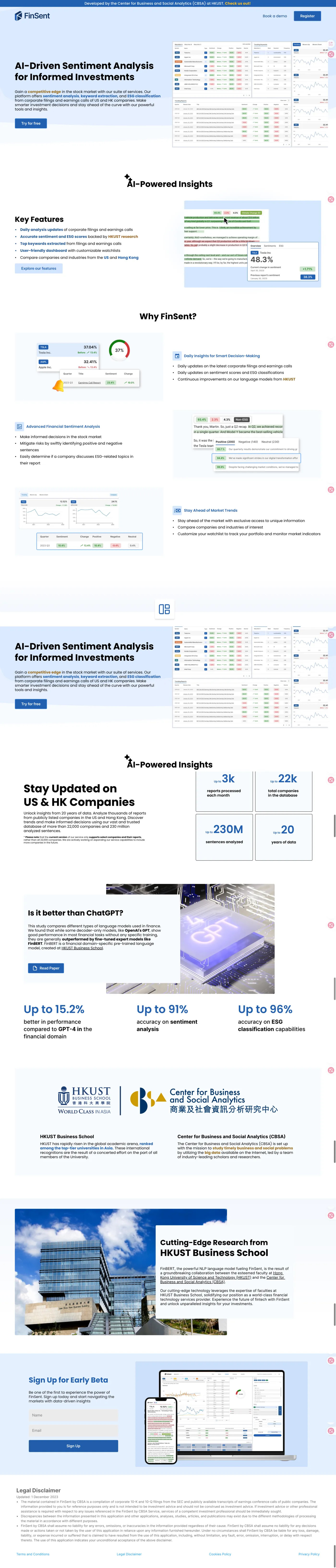The FinSent landing page